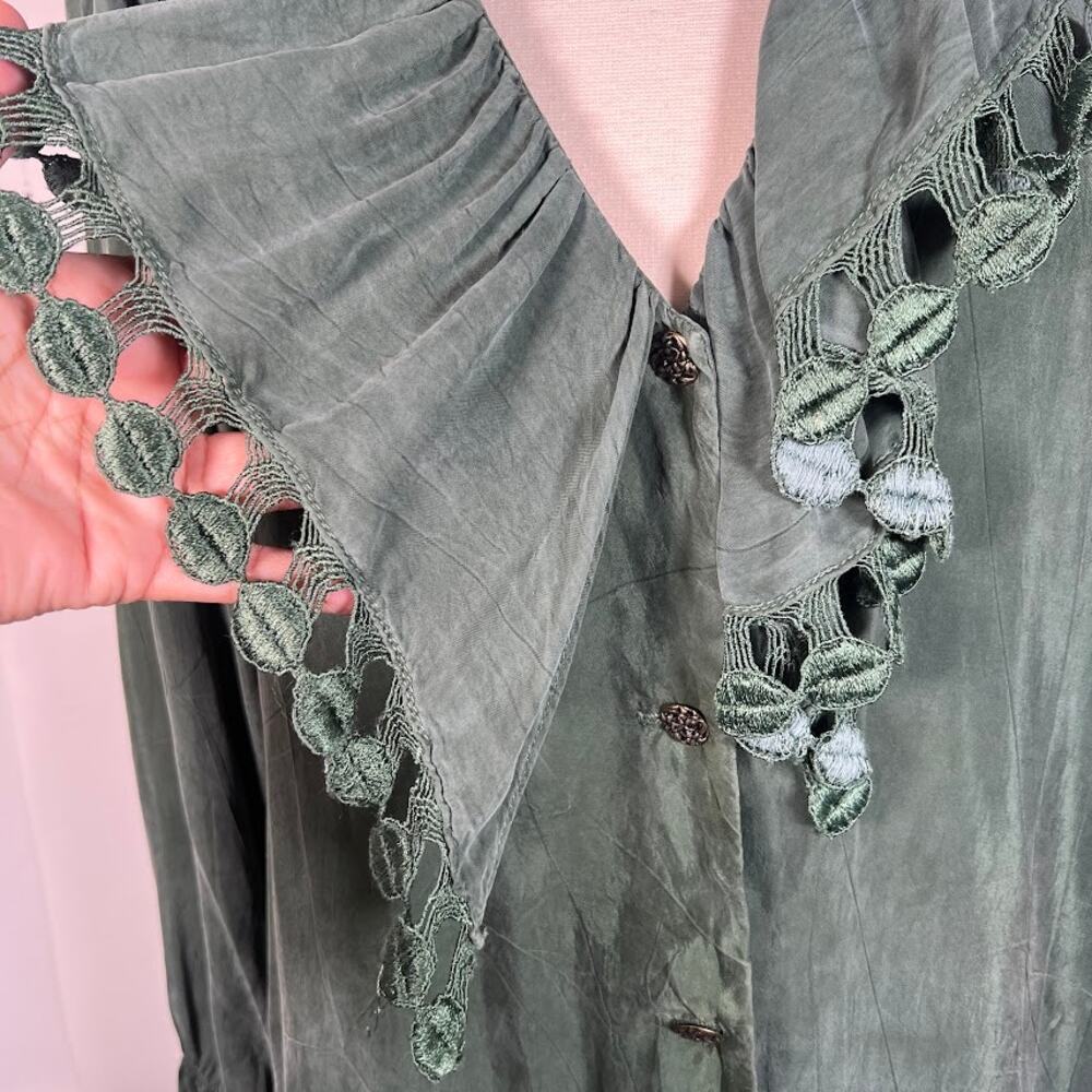Ann Ferriday Vintage Women's Ruffle Lace Shirt OS Army Green Long Sleeve - Picture 5 of 10